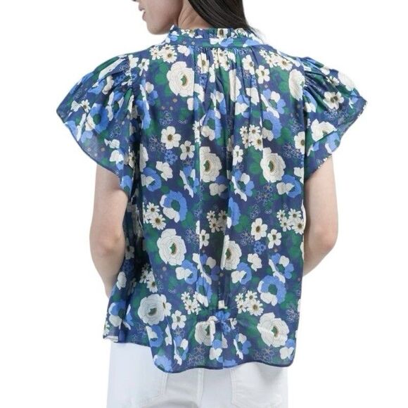 Trovata Birds of Paradise Clover Blouse Rosa Blanca Blue Lux Lightweight Large - Picture 2 of 12